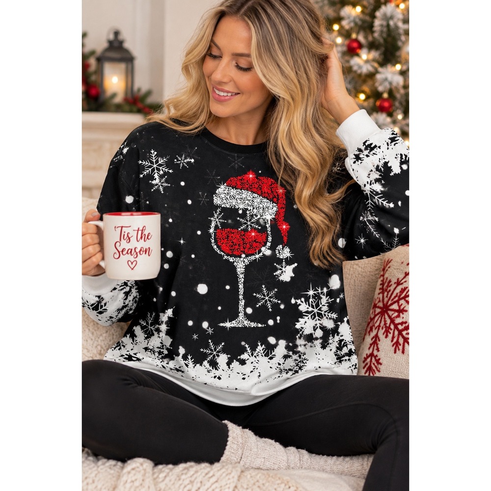 SHEIN Christmas Wine Glass Sweatshirt Womens Oversized Medium Festive Holiday